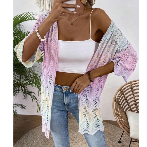 Vibrant Ombre Lightweight 1/2 Sleeve Open Front Cardigan - Picture 14 of 17